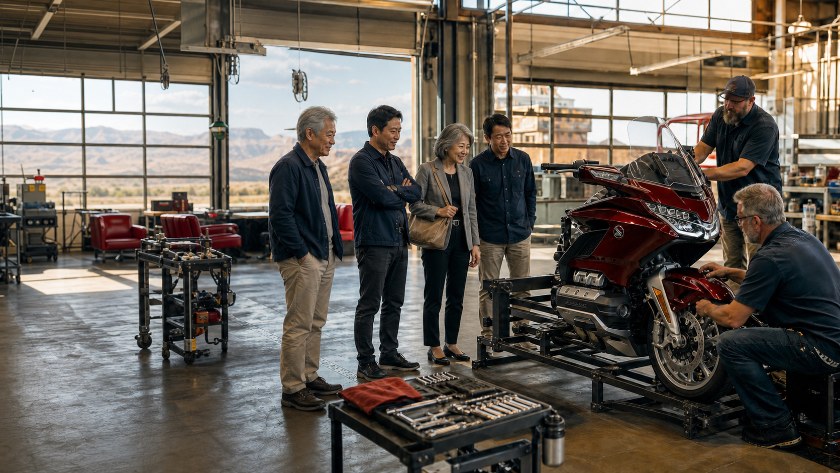 アメリカのトライク工場で製作中の赤いトライクと見学者