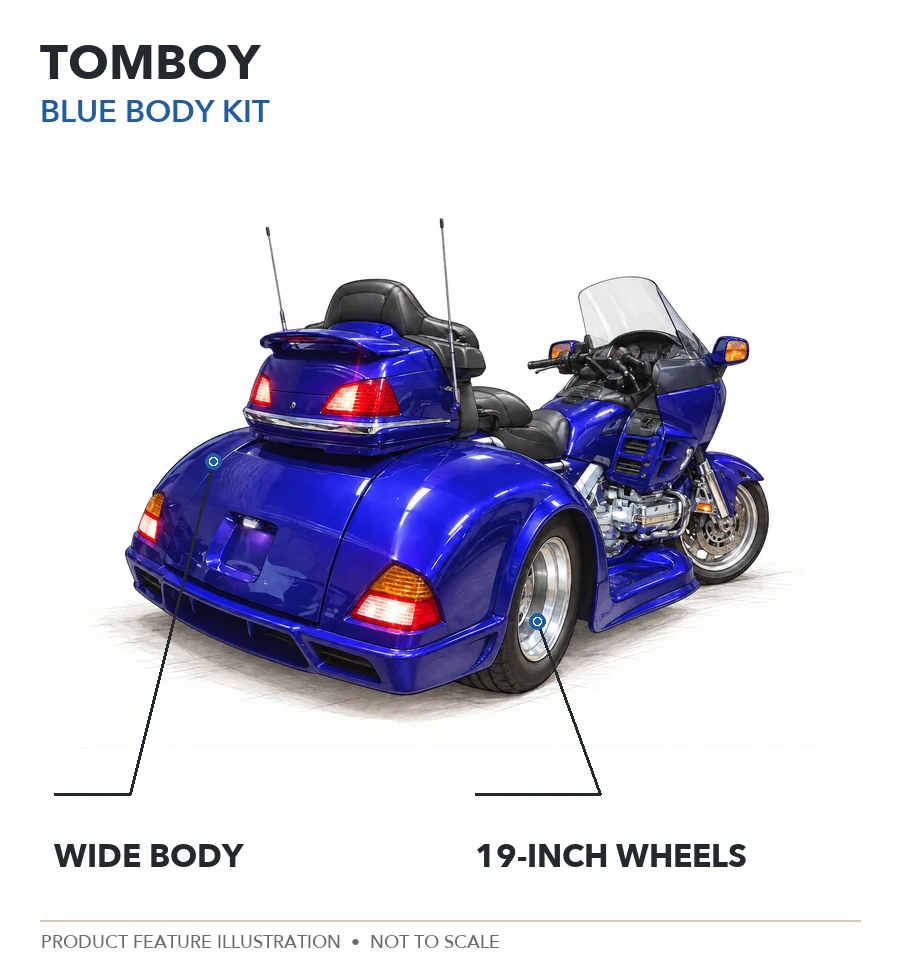 Blue TOMBOY trike annotated with its bespoke rear body, wide stance, 19-inch rear wheels and low ground clearance